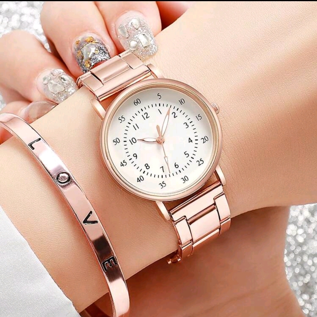 RELOJ ROSADO PANTALLA BLANCA DORADO CON PULSERA LOVE R43